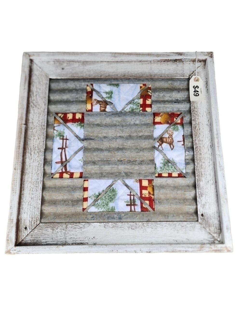 Rustic wood framed Tin cutout quilt background wall decor